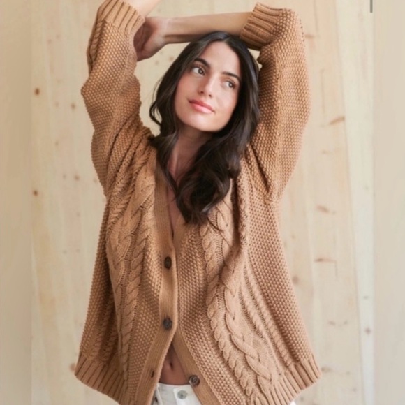 Quince Sweaters - Cozy Cable Knit Cardigan Sweater - Tan